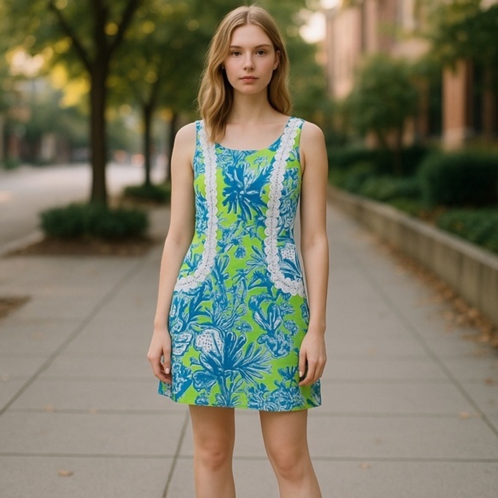 Lilly Pulitzer Limeade Casey Shift Pockets Dress Blue Green
